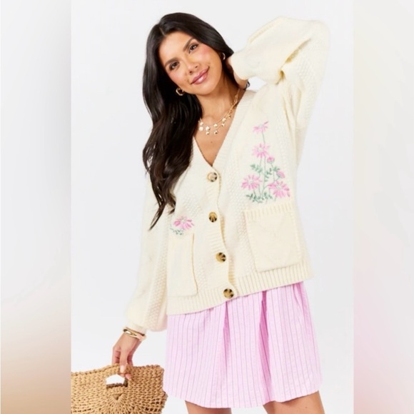 Pink Lily Floral Embroidered Button Up Bohemian Cardigan Cream Size 2X - Picture 9 of 9